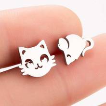 Korean version of cute simple cat and mouse asymmetrical earrings cute cat stainless steel earrings ladies pop earrings 2024 - buy cheap