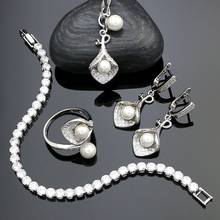 Conjuntos de joyería nupcial de Plata de Ley 925, cuentas de perlas blancas de cristal para mujer, pendientes, colgante, collar, pulsera, anillo abierto 2024 - compra barato