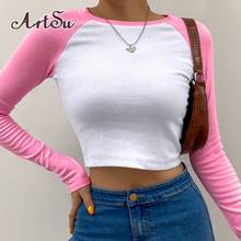 Artsu Color Contrast Patchwork Basic Crop Top Shirt Autumn Long Sleeve Rib Knitted Women Tshirts Casual Outfit Tops ASTS41658 2024 - buy cheap