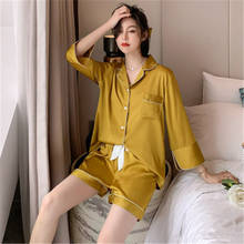 Daeyard conjunto de pijamas femininos de seda, pijamas casuais para casa, de cetim, 2 peças, cores sólidas 2024 - compre barato