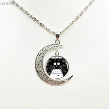 Colgante de gatito y Luna en blanco y negro para hombre y mujer, collar de cristal redondo de plata, regalo de joyería 2024 - compra barato