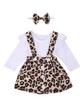 New 3 PCS Little Girl’s Dress Set Lace Long Sleeve Solid Color Top Leopard Print Suspenders Button Short Skirt and Bow Hairband 2024 - buy cheap