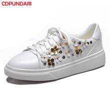 2021Fashion White Genuine Leather Flower Flat Platform Shoes For Women Sneakers Spring Summer Casual Flats Botas Planas Mujer 2024 - buy cheap