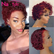 Burgundy Lace Wig For Women Red Curly Human Hair Wig Bleached Knots Deep Side T Part Short Bob Pixie Cut Wig Baby Hair 130 Remy 2024 - buy cheap