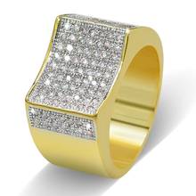 Anéis geométricos côncavos e dourados, joia de rapper com micro pavimentos de zircônio cúbico aaa, superfície curvada de ouro brilhante para homens e mulheres 2024 - compre barato