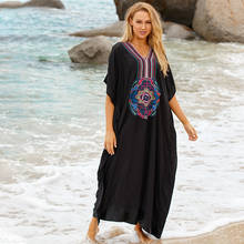 2022 Blue Bohemian Embroidered Kaftan Beach Dress Cotton Tunic Women Plus Size Summer Beachwear Maxi Dress Robe de plage N683 2024 - buy cheap