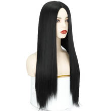 Azqueen peruca longa lisa preta sintética, para mulheres parte média natural peruca de fibra de calor 2024 - compre barato