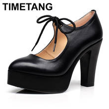 TIMETANGLace Up Heel Block Platform Pumps Women Shoes Genuine Leather 2019 Spring High Heels Office Shoes OL White Wedding Shoe 2024 - buy cheap