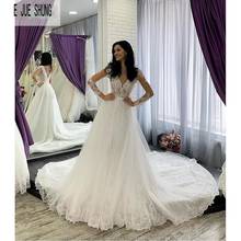 E JUE SHUNG White Backless Wedding Dresses V Neck Illusion Long Sleeves Lace Appliques Bride Dresses robe de mariee Wedding Gown 2024 - buy cheap