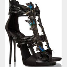 Summer Feather Decor Black Rhinestone Strap Sandals Gladiator Cutout Stiletto Heels Ladies Party High Heel Crystal Sandals Shoes 2024 - buy cheap