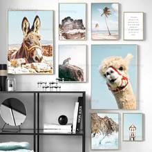 Pintura en lienzo de playa, Océano, Alpaca, coco, cielo, paisaje, arte de pared, carteles e impresiones, imágenes de pared nórdicas para decoración de sala de estar 2024 - compra barato