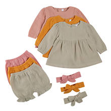 3Pcs Outfit Infant Kids Baby Girl Long Sleeve Loose Ruffle Top + Bloomers + Headband Set Spring Autumn 2024 - buy cheap