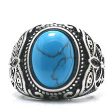 Mens Boys 316L Stainless Steel Cool Punk Gothic Vintage Blue Stone Flower Newest Ring 2024 - buy cheap