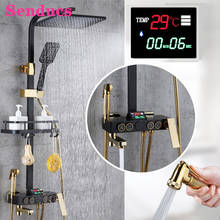 Conjunto de chuveiro termostático, chuveiro de banheiro com misturador, sistema de chuveiro para banheiro, cores preto e dourado 2024 - compre barato
