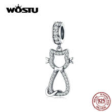 WOSTU Sweet Cat Animal Dangle Charm 925 Sterling Silver Zircon Beads Fit Original DIY Bracelet Silver 925 Jewelry Making CQC1162 2024 - buy cheap