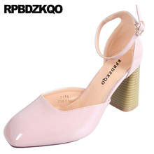 2019 Block Heels Shoes For Women Pink Chic Pumps Size 4 34 Casual Patent Leather 8cm High Thick Ladies Ankle Strap Square Toe 2024 - buy cheap