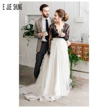 E JUE SHUNG Sexy Black and White Wedding Dresses Deep V Neck Long Sleeves Illusion Back Lace Chiffon Boho Bridal Wedding Gowns 2024 - buy cheap