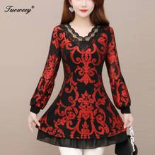 summer mujer de moda 2021 shirt Ladies Large Size red Lace V Neck see through Long Sleeve blusa feminina elegant blouse women 2024 - buy cheap