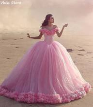 Luxury Evening Dress Sweep Train Flowers Off Shoulder V-neck Ball Gown For Wedding Pink Elegant Prom Dress платья знаменитостей 2024 - buy cheap