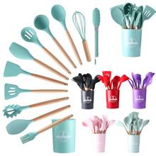 Meyjig 12PCS Silicone Cooking Utensils Set Non-Stick Spatula Shovel Wooden Handle Tools Set With Storage Box Kitchen Accessories 2024 - buy cheap