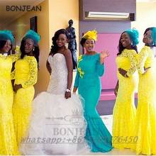 Yellow Lace Bridesmaid Dresses Mermaid Long Sleeves Black Girls Bridesmaid Dress South African Wedding Party Dress 2024 - buy cheap