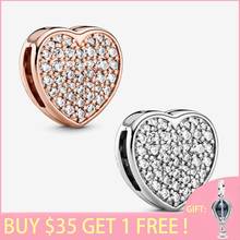 2021 Genuine New S925 Sterling Silver Beads Crystal Pave Heart Clip Charms fit Original Pandora Bracelets Women DIY Jewelry 2024 - buy cheap