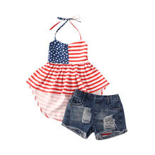 2021 Summer Toddler Kids Girls Clothes Sets 2pcs Star Stripe Print Sleeveless T Shirts Denim Shorts 1-6Y 2024 - buy cheap