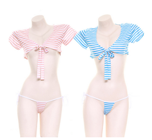 Lolita Blue White Stripe Lace-up Low-cut T-shirt Tops T-back Panties Bikini Set Japanese Sexy Anime Girl Cosplay Underwear Suit 2024 - buy cheap