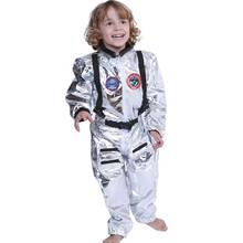 Meninos spaceman macacão de uma peça de prata astronauta cosplay crianças piloto uniforme capacete traje de halloween crianças festa 2024 - compre barato