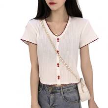 New Stylish Short Sleeves Buttons V-neck Skin-friendly Ribbed Knit Tee Casual Shirt Crop Top School Streetwear 2024 - buy cheap