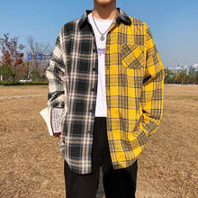 Men Oversized Cotton Plaid Shirt Cardigan Man Hip Hop Patchwork Button Up Long Sleeve Shirt Couple Korean Harajuku Clothing 2024 - buy cheap