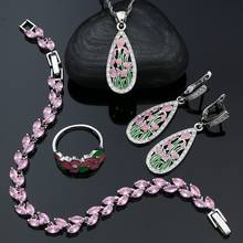 Conjunto de joias femininas doce, esmalte rosa, prata esterlina 925, brincos, pingente, corrente, pulseira, acessórios para casamento 2024 - compre barato