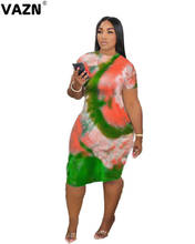 VAZN New arrival 2020 summer sexy lady orang-green print mid dress short sleeve O-neck sheath springy dress casual daily dress 2024 - buy cheap