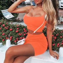 Summer Ladies Set Suspender Short Skirt Suit With Spaghetti Strap Orange Creative Neon Color Backless Summer Crop Tops And Skirt 2024 - buy cheap