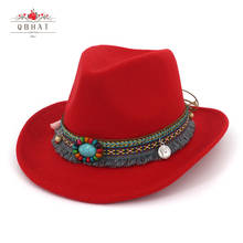 QBHAT-Sombrero de vaquero de ala ancha hecho a mano, sombrero de Jazz de fieltro de lana, decoración de cinta étnica, Unisex, 2020 2024 - compra barato