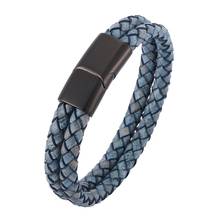 Punk Antique Blue Double Braided Leather Bracelet Fashion Men Jewelry Stainless Steel Magnetic Clasp Male Wristband Gifts PD0512 2024 - buy cheap