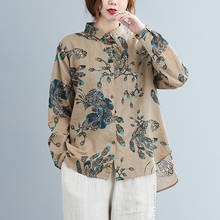 Camisa Floral Retro Vintage suelta para otoño, blusa informal de manga larga Irregular de lino y algodón, estilo nacional, cuello vuelto 2024 - compra barato