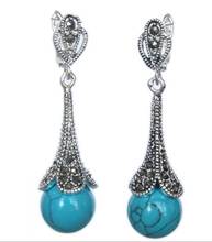 Free Shipping   Pair Marcasite 925 Sterling A with Blue Dangle Earrings 1 4/5" 2024 - buy cheap