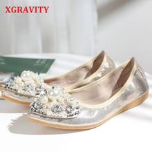 XGRAVITY Plus Size Flats Ballet Flat Shoes Rhinestone Women Spring Autumn Pearl Beading Pointed Toe Golden Shoes Loafers A251 2024 - buy cheap