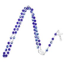 QIGO Cross Religious Jewelry Blue Glass Rosary Necklace For Women Men 2024 - buy cheap