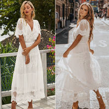 Hollow Out White Dress Sexy Women Long Lace Dress Cross Semi-Sheer Plunge V-Neck Short Sleeve Lace Maxi Dress 2024 - buy cheap