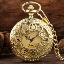 Relógio de bolso de quartzo da cor dourada exquise cobre steampunk engrenagem vazada relógio de bolso colar com corrente de bolso relógio de joias para homens e mulheres 2024 - compre barato