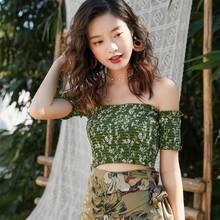 O Sexy Blouse Women Fashion Slash Neck Sexy Pleated Shirts Tops Small Floral Print Short Chiffon Shirt Blusas Mujer De Moda 2024 - buy cheap