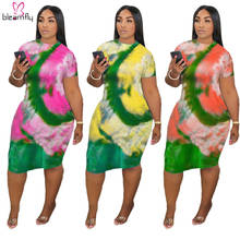 S-5XL de talla grande para mujer, vestido Bandage con estampado Tie-Dye, cuello redondo, manga corta, Bodycon, trajes bohemios Vintage de verano 2024 - compra barato