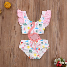 Cute Bay Girls Swimwear Summer Sweet Flamingo Print One Piece Swimsuit Baby Bikini Hollow Ruffles Suspender Swimsuit Beachwear 2024 - buy cheap