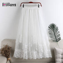 Summer Women 2 layers Mesh Midi Skirt Elastic Waist emboridery lace Patchwork Korean white tulle Skirts Womens Saias  2024 - buy cheap