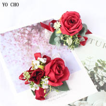 YO CHO Wedding Corsage Bracelet Silk Roses Wrist Flower Cuff Bracelets Bridesmaid Man Boutonniere Buttonhole Wedding Corsage Pin 2024 - buy cheap