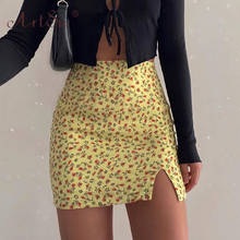 ArtSu Сексуальная мини-юбка с высокой талией и цветочным принтом, с разрезом сбоку, 2020 Летняя женская тонкая желтая модная женская шикарная юбка, уличная одежда 2024 - купить недорого