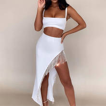 Adogirl Crystal Tassel Two Piece Set Dress Solid White Diamonds Spaghetti Straps Crop Top Maxi Asymmetrical Skirt Fashion Dress 2024 - buy cheap