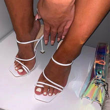Sandalias de tacón alto con punta cuadrada para mujer, zapatos informales con punta abierta, cómodos y sexys, para verano, 2021 2024 - compra barato